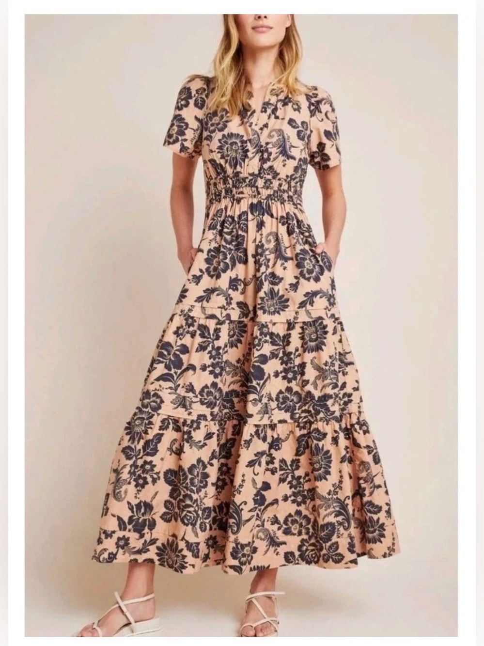 Anthropologie Somerset Floral Tiered Maxi Dress in Blush with Navy Print